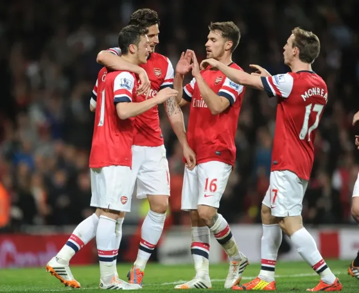 Framed Print : Arsenal Celebrate: Ozil, Giroud, Ramsey, Monreal Score Against Newcastle United (2013 / 14)