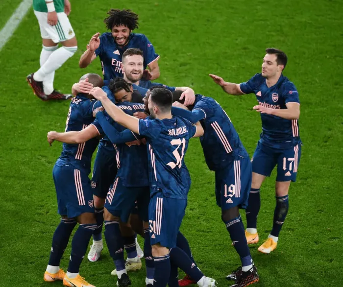 Framed Print : Arsenal Celebrate Pablo Mari's Goal in Empty Emirates Stadium - UEFA Europa League 2020-21