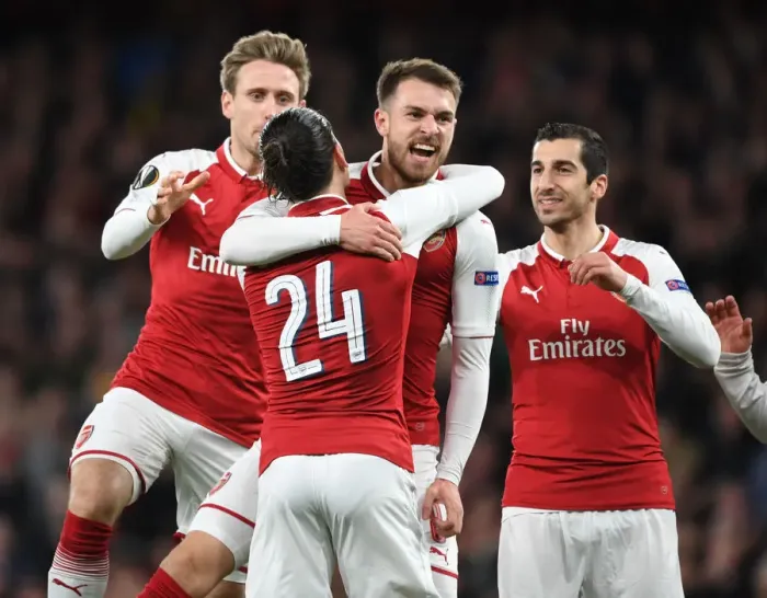 Framed Print : Arsenal Celebrate Ramsey's Europa League Goal: Monreal, Bellerin, Mkhitaryan (2018)