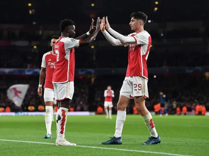 Framed Print : Arsenal Celebrate Saka's Brace: Arsenal FC vs Sevilla FC, UEFA Champions League 2023 / 24