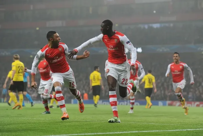 Framed Print : Arsenal Celebrate: Sanogo's Goal vs Borussia Dortmund, Champions League 2014-15 Framed Print : Arsenal Celebrate: Sanogo's Goal vs Borussia Dortmund, Champions League 2014-15