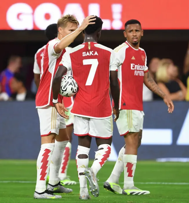 Framed Print : Arsenal Celebrate Second Goal Against FC Barcelona in 2023-24 Pre-Season Friendly Framed Print : Arsenal Celebrate Second Goal Against FC Barcelona in 2023-24 Pre-Season Friendly