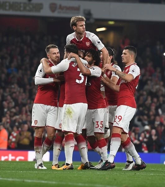 Arsenal Celebrate Second Goal: Ramsey, Lacazette, Kolasinac, Elneny, Monreal, Xhaka (Arsenal vs. West Bromwich Albion, 2017-18)