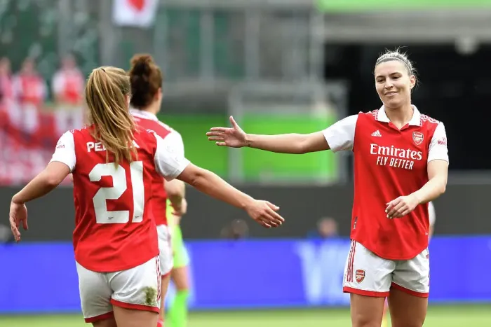 Framed Print : Arsenal Celebrate Second Goal in UEFA Women's Champions League Semi-Final First Leg Against VfL Wolfsburg