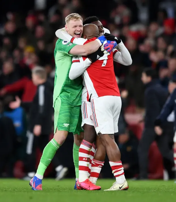Framed Print : Arsenal Celebrate Victory: Ramsdale, Lacazette, Nketiah