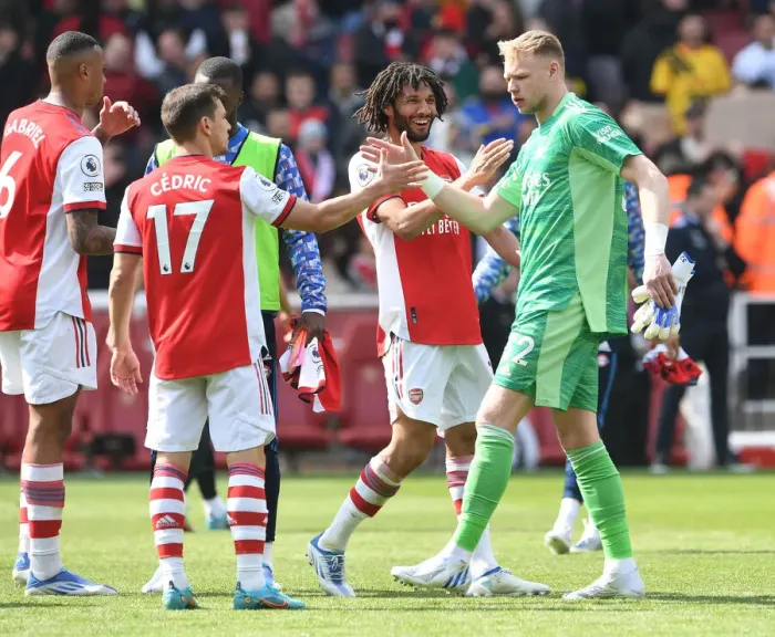 Framed Print : Arsenal Celebrate Victory: Ramsdale, Elneny, and Cedric Reunite After Arsenal vs Manchester United Win (2021-22)