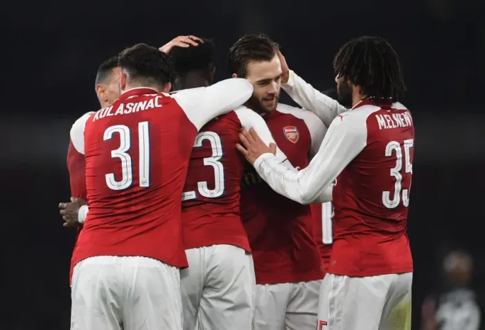 Framed Print : Arsenal Celebrate: Welbeck, Kolasinac, Elneny, Chambers (Carabao Cup Quarterfinal vs West Ham) Framed Print : Arsenal Celebrate: Welbeck, Kolasinac, Elneny, Chambers (Carabao Cup Quarterfinal vs West Ham)
