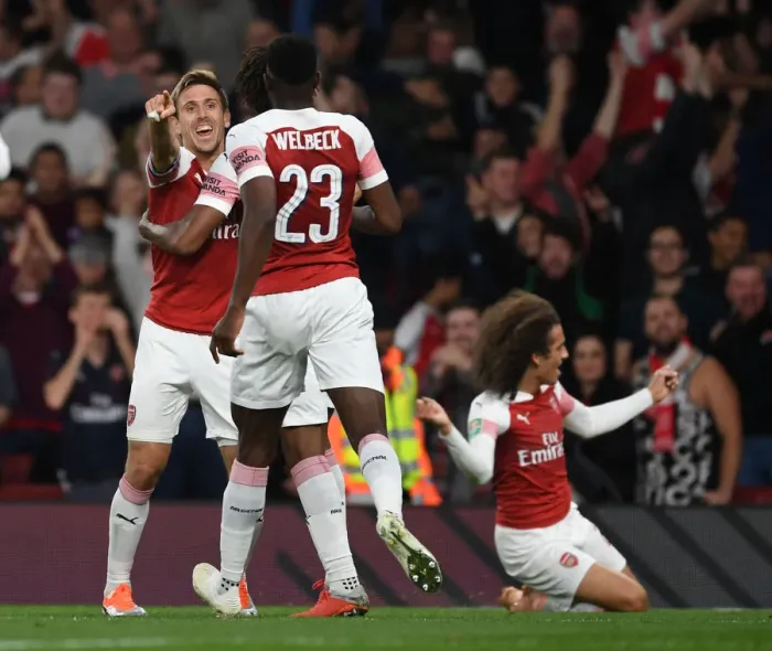 Framed Print : Arsenal Celebrate: Welbeck Scores Second Goal vs. Brentford in Carabao Cup