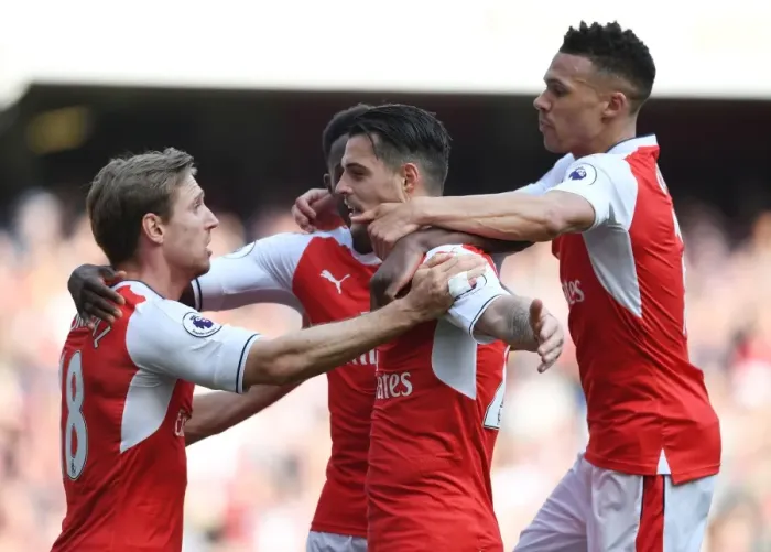 Framed Print : Arsenal Celebrate: Xhaka, Gibbs, Monreal, Welbeck Score Against Manchester United (2016-17) Framed Print : Arsenal Celebrate: Xhaka, Gibbs, Monreal, Welbeck Score Against Manchester United (2016-17)