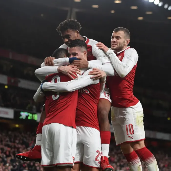 Framed Print : Arsenal Celebrate Xhaka's Goal: Lacazette, Iwobi, Wilshere - Carabao Cup Semi-Final vs Chelsea