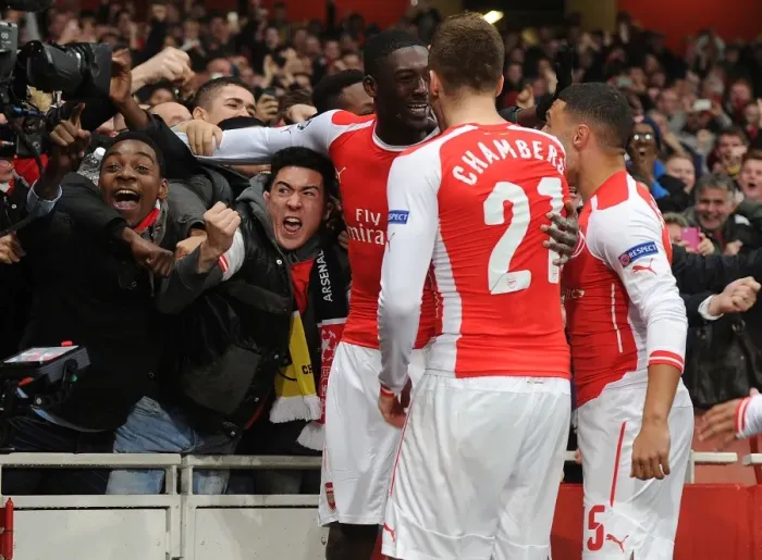 Framed Print : Arsenal Celebrate Yaya Sanogo's Goal vs Borussia Dortmund, Champions League 2014-15