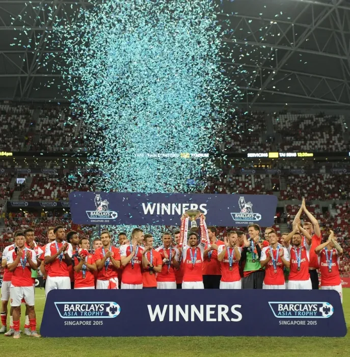Framed Print : Arsenal Celebrates Barclays Asia Trophy Victory Over Everton, Singapore 2015