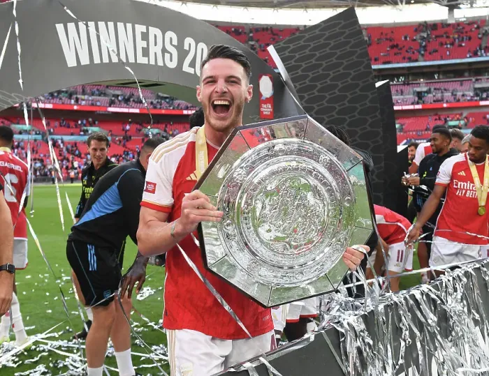 Framed Print : Arsenal Celebrates Community Shield Victory Over Manchester City: Declan Rice's Pivotal Role Framed Print : Arsenal Celebrates Community Shield Victory Over Manchester City: Declan Rice's Pivotal Role
