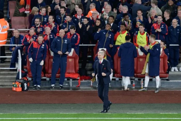 Framed Print : Arsenal Celebrates First Goal Against Manchester City (2015-16): Arsene Wenger and Team Rejoice on the Emirates Stadium Bench