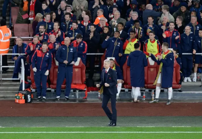 Framed Print : Arsenal Celebrates First Goal Against Manchester City (2015-16): Arsene Wenger and Team's Jubilant Reaction on the Emirates Stadium Bench