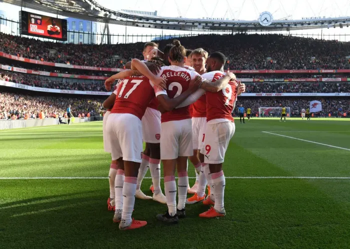 Framed Print : Arsenal Celebrates First Goal: Ozil, Lacazette, Bellerin (2018-19)
