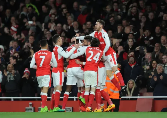 Framed Print : Arsenal Celebrates Goal Against Leicester City: Premier League 2016-17