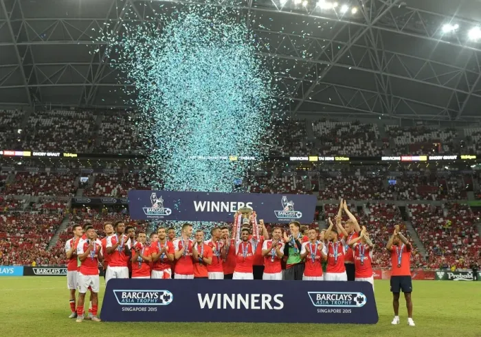Framed Print : Arsenal Celebrates Victory in Barclays Asia Trophy against Everton, Singapore 2015 Framed Print : Arsenal Celebrates Victory in Barclays Asia Trophy against Everton, Singapore 2015