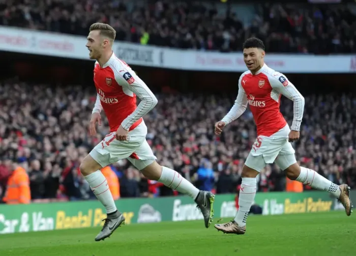 Framed Print : Arsenal: Chambers and Oxlade-Chamberlain Celebrate FA Cup Goal