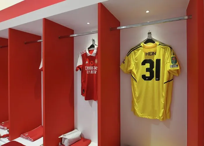 Framed Print : Arsenal Changing Room: Karl Hein's Shirt Awaits Before Arsenal vs Brighton & Hove Albion (Carabao Cup 2022-23)