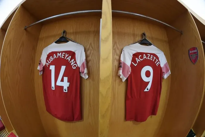 Framed Print : Arsenal Changing Room: Aubameyang and Lacazette Gear Up for Arsenal v Fulham (2018-19)