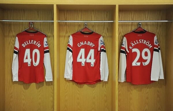 Arsenal Changing Room: Bellerin, Gnabry, and Kallstrom's Jerseys Before Arsenal v Swansea City (2013-14)