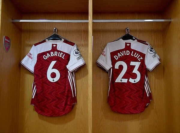 Arsenal Changing Room: Gabriel and David Luiz Shirts Before Empty Arsenal v Leicester City Match, 2020-21