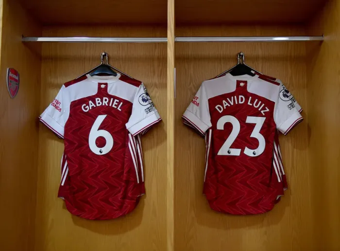 Framed Print : Arsenal Changing Room: Gabriel and David Luiz Shirts Before Empty Arsenal v Leicester City Match, 2020-21