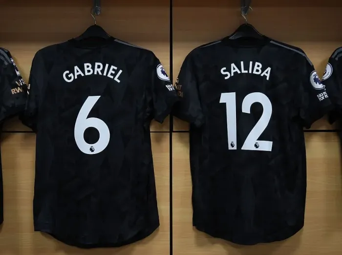 Framed Print : Arsenal Changing Room: Gabriel and Saliba Shirts Before Aston Villa Match, 2022-23