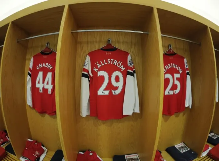 Framed Print : Arsenal Changing Room: Gnabry, Kallstrom, Jenkinson Prepare for Swansea Clash (2013-14)