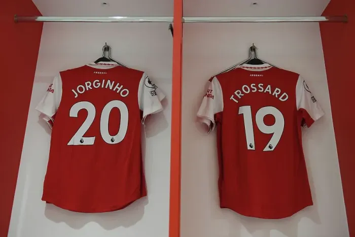 Framed Print : Arsenal Changing Room: Jorginho and Trossard Shirts Before Arsenal vs. Brentford Framed Print : Arsenal Changing Room: Jorginho and Trossard Shirts Before Arsenal vs. Brentford