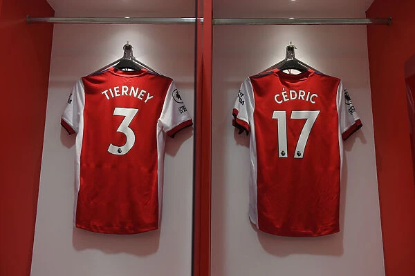 Arsenal Changing Room: Kieran Tierney and Cedric's Shirts Before Arsenal vs. Wolverhampton Wanderers (2021-22)