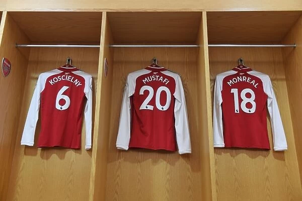 Arsenal Changing Room: Koscielny, Mustafi, Monreal Shirts Hang Awaiting Action vs. Huddersfield Town