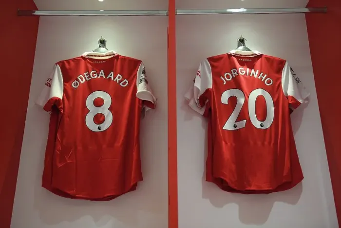 Framed Print : Arsenal Changing Room: Martin Odegaard and Jorginho Jerseys Before Arsenal v Everton (2022-23)