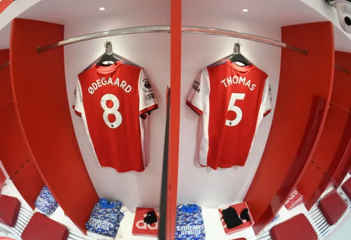 Framed Print : Arsenal Changing Room: Martin Odegaard and Thomas Partey Prepare for Arsenal v Liverpool (2021-22)