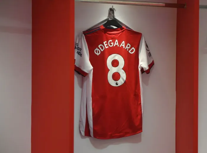 Framed Print : Arsenal Changing Room: Martin Odegaard's Shirt Before Arsenal vs Manchester City (2021-22)