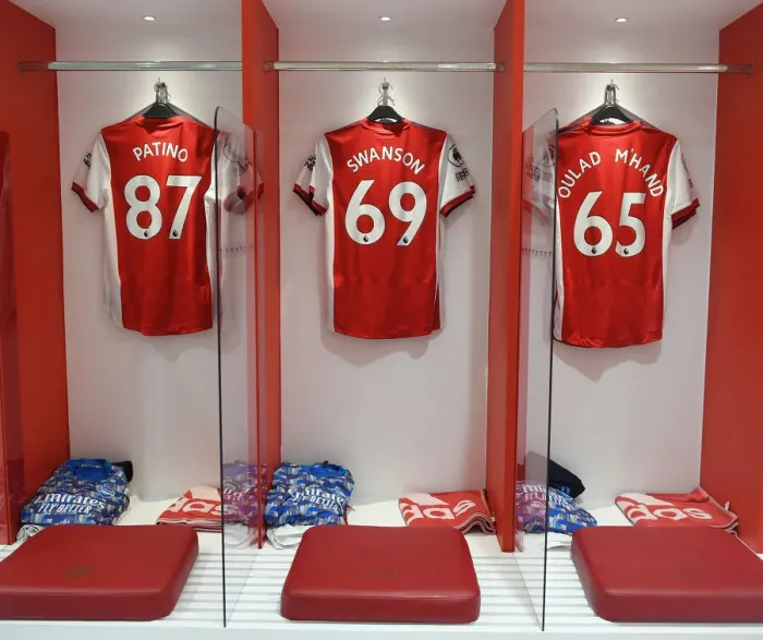 Framed Print : Arsenal Changing Room: Patino, Swanson, and Salah-Eddine's Shirts Before Arsenal vs. Leeds United (2021-22)