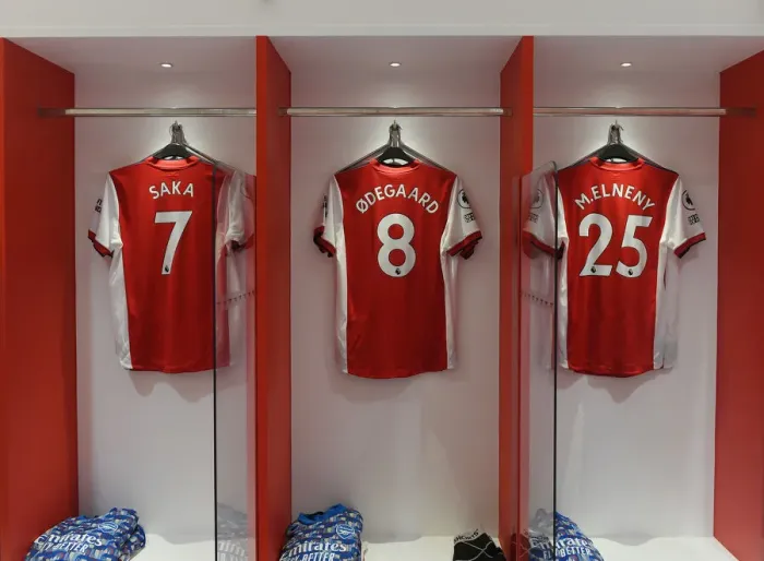 Framed Print : Arsenal Changing Room: Saka, Odegaard, Elneny Shirts Ready for Arsenal v Leeds United Framed Print : Arsenal Changing Room: Saka, Odegaard, Elneny Shirts Ready for Arsenal v Leeds United