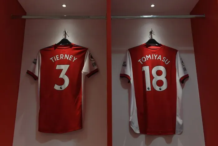 Framed Print : Arsenal Changing Room: Tierney and Tomiyasu Shirts Before Arsenal vs Crystal Palace (2021-22)