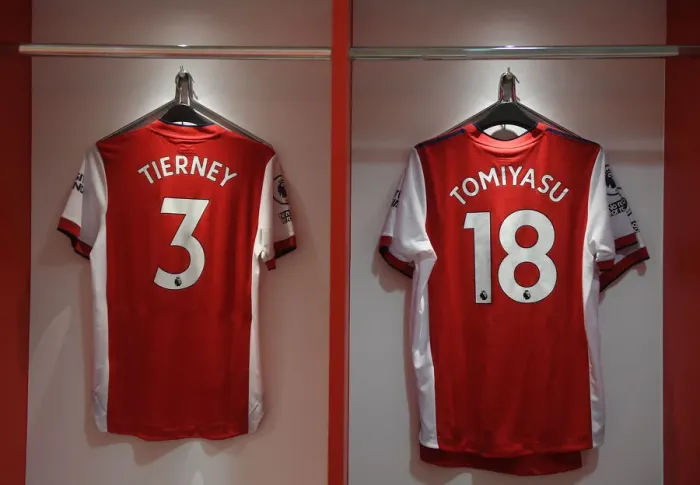 Framed Print : Arsenal Changing Room: Tierney and Tomiyasu Shirts Before Arsenal vs Manchester City (2021-22)