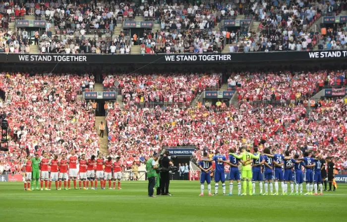 Framed Print : Arsenal and Chelsea in the FA Cup Final: A Moment of Silence at Wembley Stadium Framed Print : Arsenal and Chelsea in the FA Cup Final: A Moment of Silence at Wembley Stadium