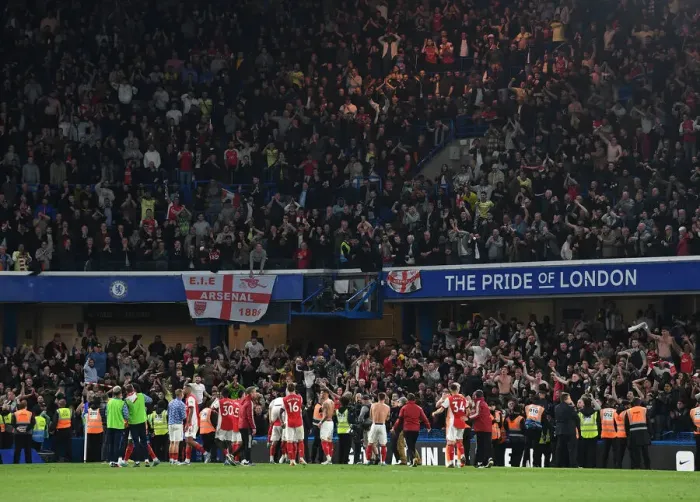 Framed Print : Arsenal Clinch Premier League Title: Unforgettable Victory Celebration with Fans at Stamford Bridge, April 2022 Framed Print : Arsenal Clinch Premier League Title: Unforgettable Victory Celebration with Fans at Stamford Bridge, April 2022