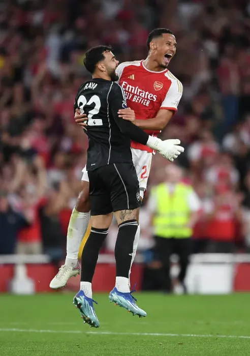 Framed Print : Arsenal Clinches Premier League Victory Over Manchester City (2023-24): David Raya and William Saliba's Jubilant Celebration