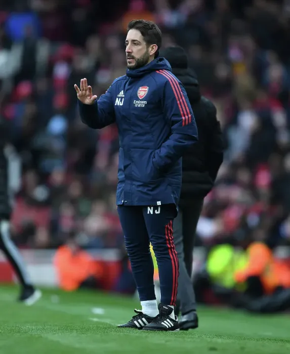 Framed Print : Arsenal Coach Nico Jover at the April 2023 Arsenal vs. Leeds United Premier League Match