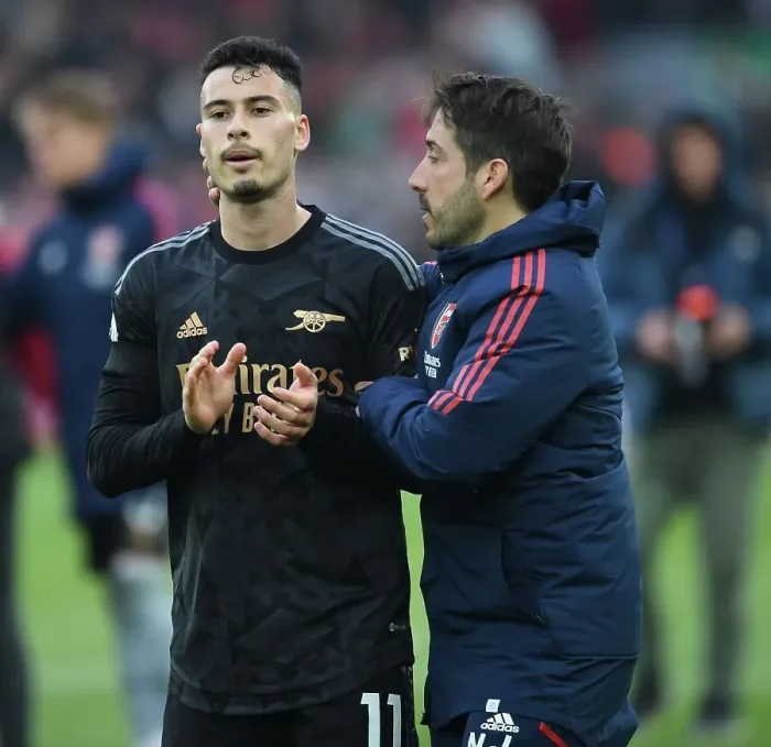 Framed Print : Arsenal Coach Nico Jover with Gabriel Martinelli at Liverpool's Anfield - Premier League Clash 2022-23