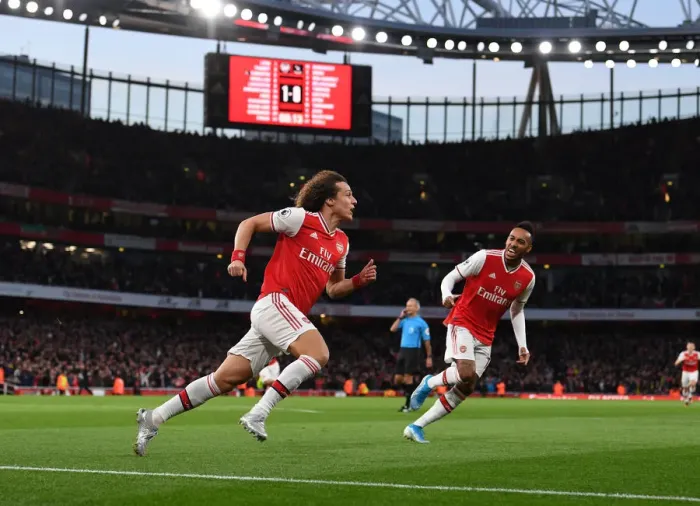 Framed Print : Arsenal: David Luiz and Aubameyang's Celebration After Scoring Against Crystal Palace (2019-20)