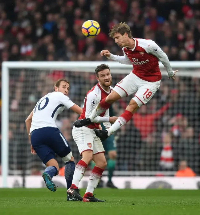 Framed Print : Arsenal Defenders Nacho Monreal and Shkodran Mustafi Fend Off Harry Kane's Advance, Arsenal v Tottenham Hotspur, Premier League 2017-18