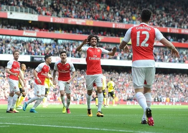 Arsenal Double Strike: Giroud and Elneny Celebrate Goals Against Aston Villa (2015-16)