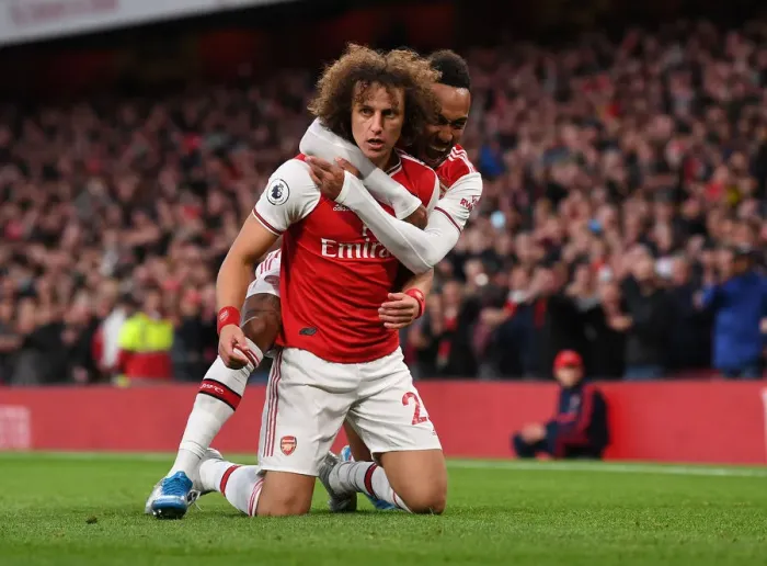 Framed Print : Arsenal: Double Trouble - Luiz and Aubameyang Celebrate Goals Against Crystal Palace (2019-20)