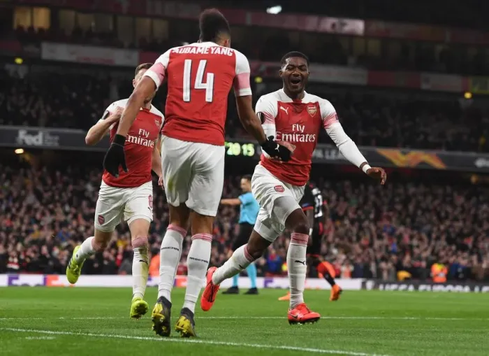 Framed Print : Arsenal Double Trouble: Maitland-Niles and Aubameyang's Europa League Goal Celebration Framed Print : Arsenal Double Trouble: Maitland-Niles and Aubameyang's Europa League Goal Celebration